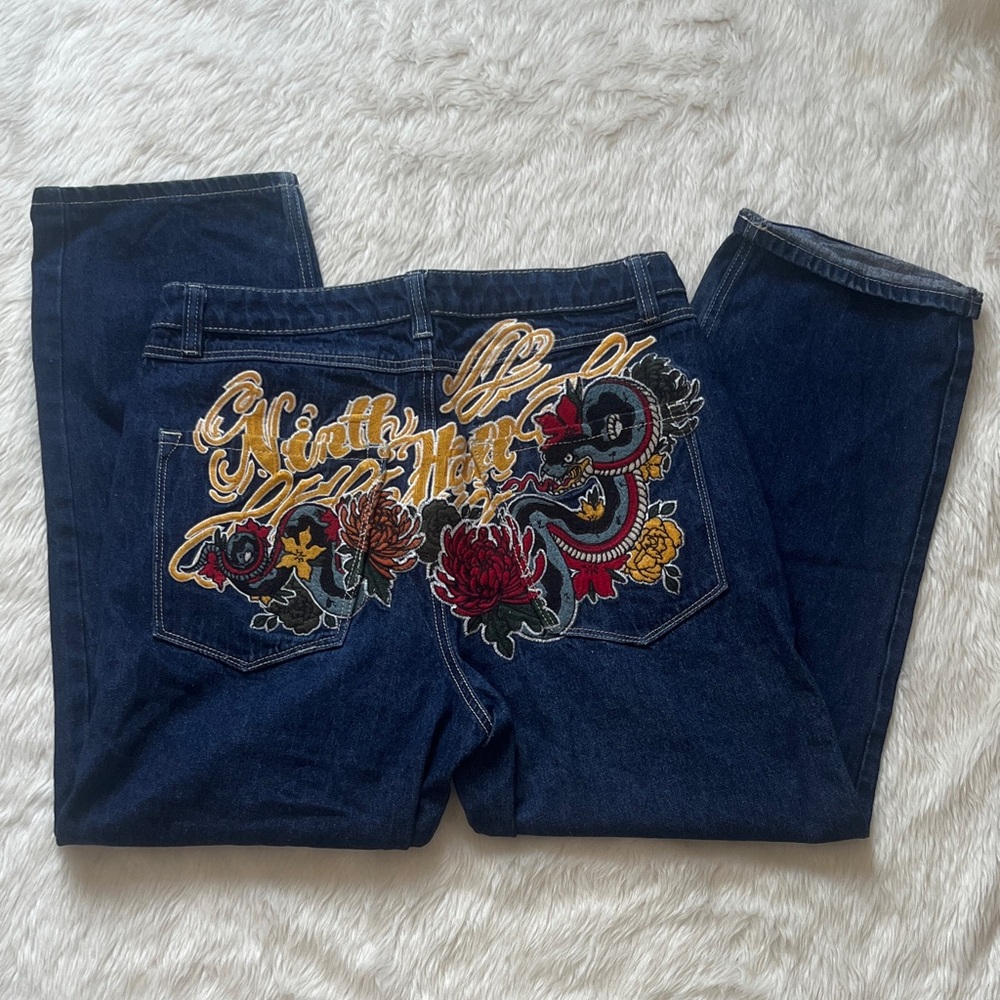 Ninth Hall Ambush Embroidered Dark Wash Jeans - Blue with Gold Accents